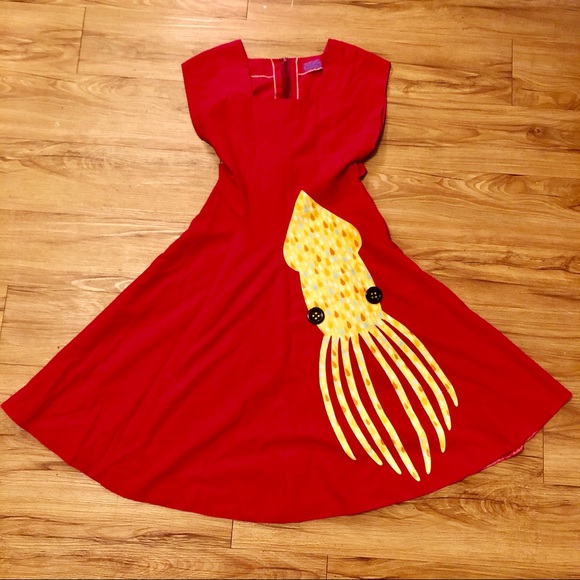 Dresses & Skirts - Red Tea Dress with Octopus custom handmade S